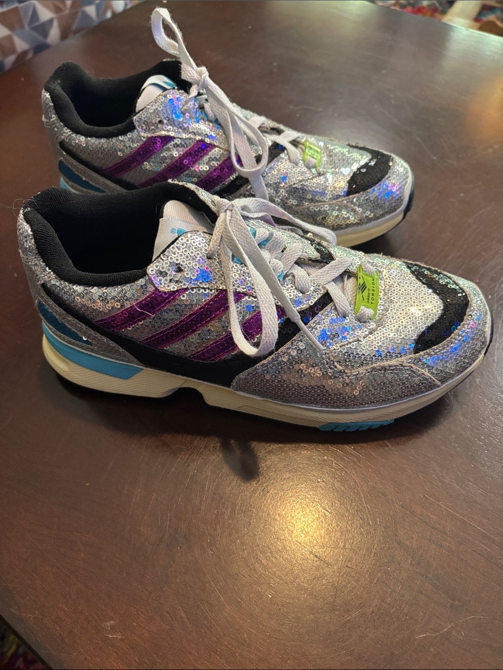 adidas Torsion ZX 4000 C Silver Sequin Sneakers with Purple Stripes